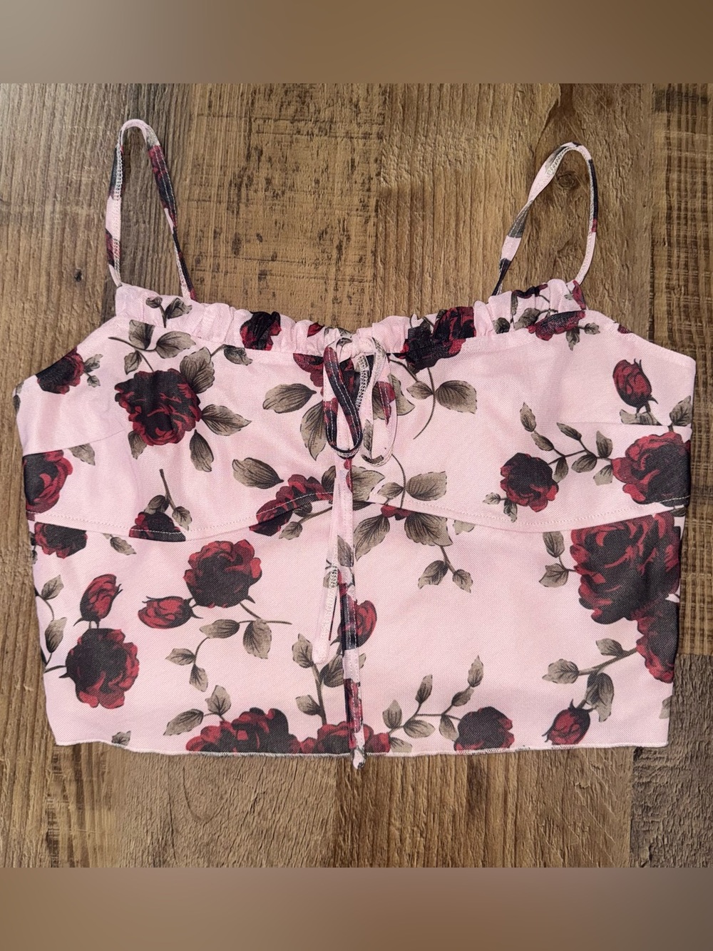 CIDER XL Pink Rose Floral Crop Tank Top Ruched Tie Front Y2K Sexy Romantic